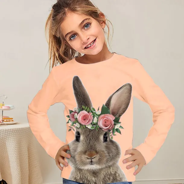 Easter Girls' 3D Graphic Animal Rabbit T shirt Tee Long Sleeve Spring Fall Fashion Basic Kids 4-12 Years Crew Neck Outdoor Casual Daily Regular Fit