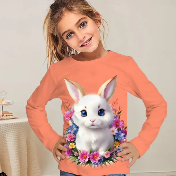 Easter Girls' 3D Graphic Animal Rabbit T shirt Tee Long Sleeve Spring Fall Fashion Basic Kids 4-12 Years Crew Neck Outdoor Casual Daily Regular Fit