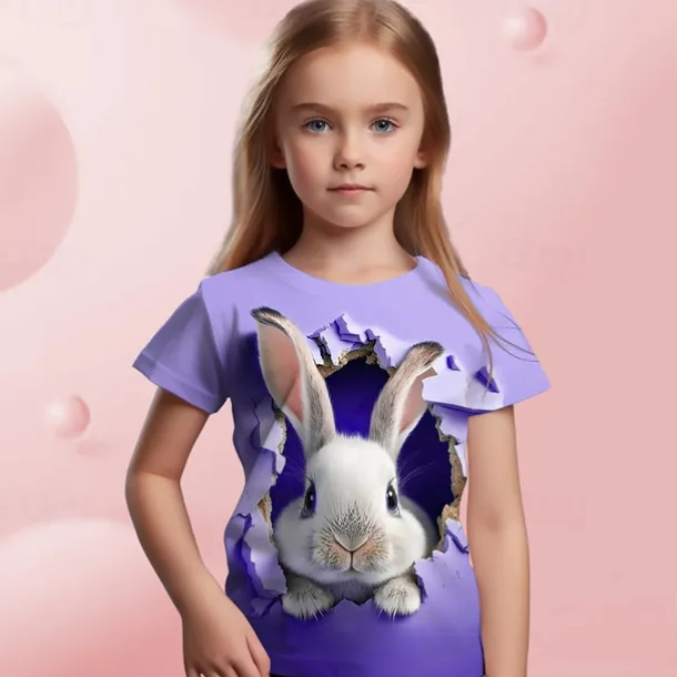 Easter Girls' 3D Graphic Cartoon Rabbit T shirt Tee Short Sleeve 3D Print Summer Spring Active Fashion Cute Kids 3-12 Years Outdoor Casual Daily Regular Fit