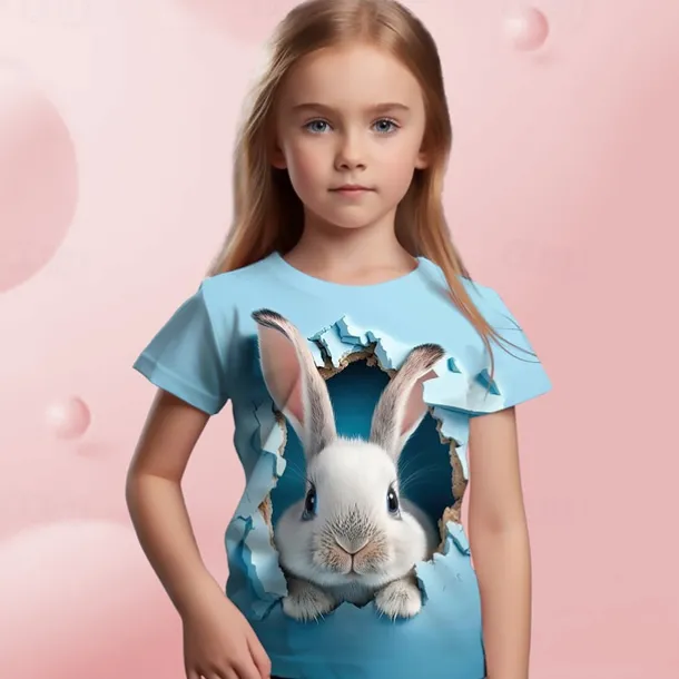 Easter Girls' 3D Graphic Cartoon Rabbit T shirt Tee Short Sleeve 3D Print Summer Spring Active Fashion Cute Kids 3-12 Years Outdoor Casual Daily Regular Fit