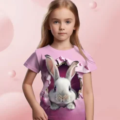 Easter Girls' 3D Graphic Cartoon Rabbit T shirt Tee Short Sleeve 3D Print Summer Spring Active Fashion Cute Kids 3-12 Years Outdoor Casual Daily Regular Fit