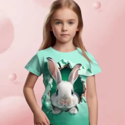 Easter Girls' 3D Graphic Cartoon Rabbit T shirt Tee Short Sleeve 3D Print Summer Spring Active Fashion Cute Kids 3-12 Years Outdoor Casual Daily Regular Fit
