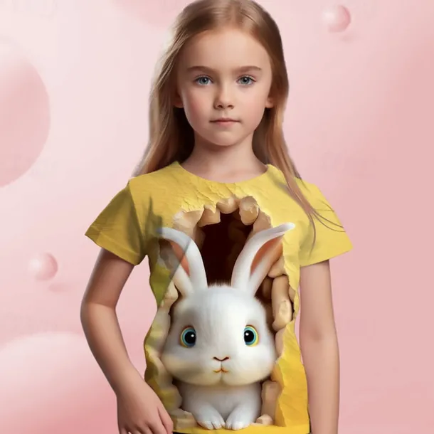 Easter Girls' 3D Graphic Cartoon Rabbit T shirt Tee Short Sleeve 3D Print Summer Spring Active Fashion Cute Kids 3-12 Years Outdoor Casual Daily Regular Fit