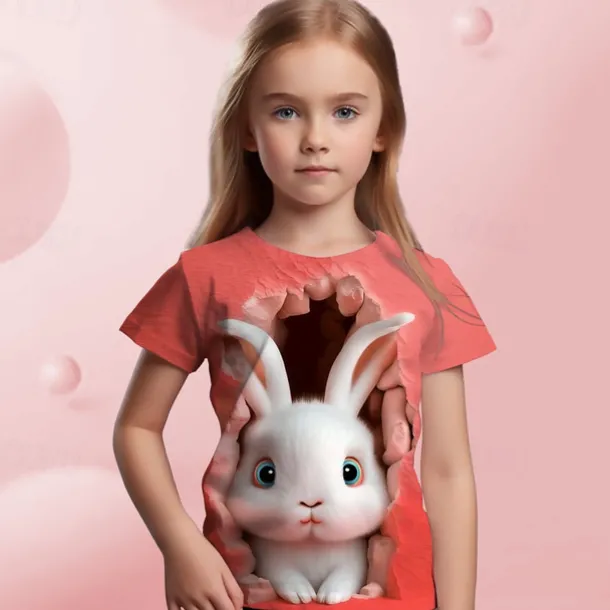 Easter Girls' 3D Graphic Cartoon Rabbit T shirt Tee Short Sleeve 3D Print Summer Spring Active Fashion Cute Kids 3-12 Years Outdoor Casual Daily Regular Fit