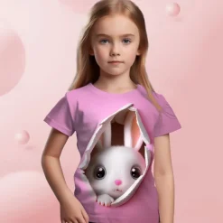 Easter Girls' 3D Graphic Cartoon Rabbit T shirt Tee Short Sleeve 3D Print Summer Spring Active Fashion Cute Kids 3-12 Years Outdoor Casual Daily Regular Fit