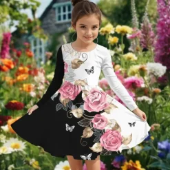Easter Girls' 3D Graphic Flower Dress Long Sleeve Summer Spring Vacation Daily Holiday Princess Beautiful Sweet Kids 4-12 Years Casual Dress A Line Dress Knee-length Regular Fit