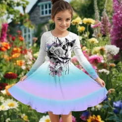 Easter Girls' 3D Rose Graphic Dress Long Sleeve Summer Spring Vacation Daily Holiday Princess Beautiful Sweet Kids 4-12 Years Casual Dress A Line Dress Knee-length Regular Fit