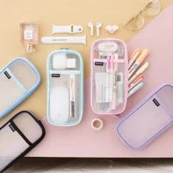 EASTHILL Grid Mesh Pen Pencil Case with Zipper Clear Makeup Color Pouch Cosmetics Bag Multi-Purpose Travel School Teen Girls Transparent Stationary Bag Office Organizer Box for Adluts(Pink)