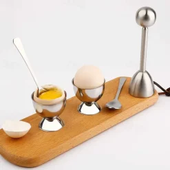 Egg Shell Opener Set 2 Pcs Egg Cups for Soft Boiled Eggs & 2 Pcs Spoons Rust-Resistant Stainless Steel Fits Any Size - Ergonomic Design Adjustable Effort for Effortless & Precise Cracking