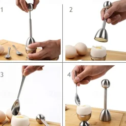 Egg Shell Opener Set 2 Pcs Egg Cups for Soft Boiled Eggs & 2 Pcs Spoons Rust-Resistant Stainless Steel Fits Any Size - Ergonomic Design Adjustable Effort for Effortless & Precise Cracking