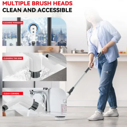 Electric Cleaning Brush 360 Rotating Mop for Kitchen & Car Adjustable Speed with 8 Brush Heads 2 Extension Arms Waterproof