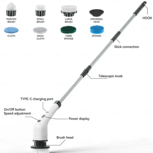 Electric Cleaning Brush 360 Rotating Mop for Kitchen & Car Adjustable Speed with 8 Brush Heads 2 Extension Arms Waterproof