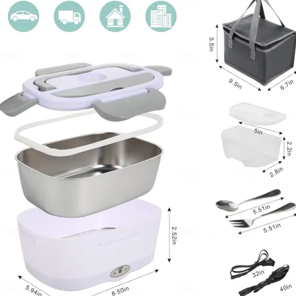 Electric Lunch Box Food Heater 80W Heated Lunch Box Portable Food Warmer Lunch Box with Removable 304 Stainless Steel Container