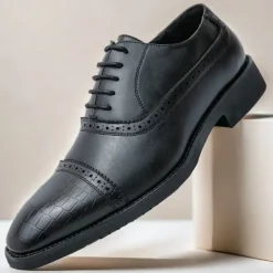 Elegant Brown Faux Leather Dress Shoes with Brogue Detailing for Professional and Business Settings