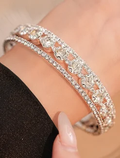 Elegant Double Row Simulated Rhinestone Bangle Bracelet – Sparkling Crystal-Inspired Jewelry for Women, Perfect for Weddings, Parties, and Formal Events