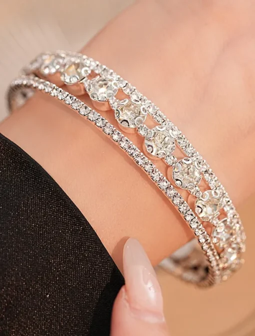 Elegant Double Row Simulated Rhinestone Bangle Bracelet – Sparkling Crystal-Inspired Jewelry for Women, Perfect for Weddings, Parties, and Formal Events