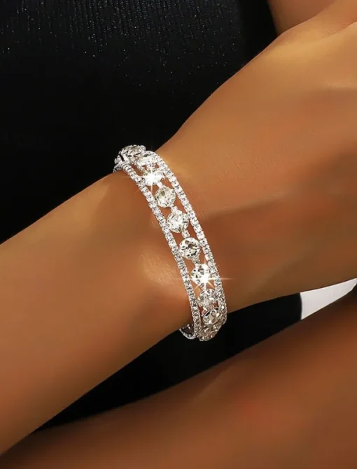 Elegant Double Row Simulated Rhinestone Bangle Bracelet – Sparkling Crystal-Inspired Jewelry for Women, Perfect for Weddings, Parties, and Formal Events