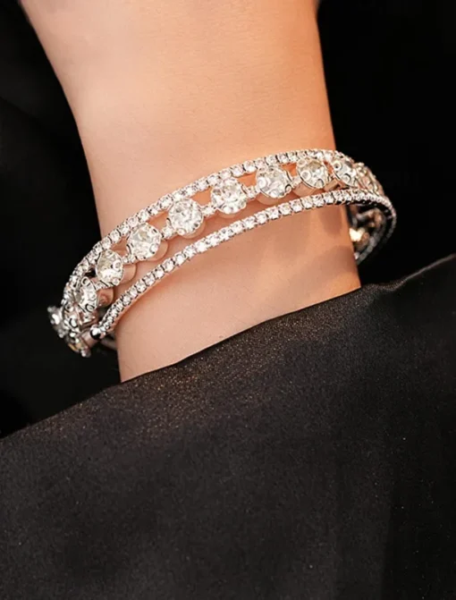Elegant Double Row Simulated Rhinestone Bangle Bracelet – Sparkling Crystal-Inspired Jewelry for Women, Perfect for Weddings, Parties, and Formal Events