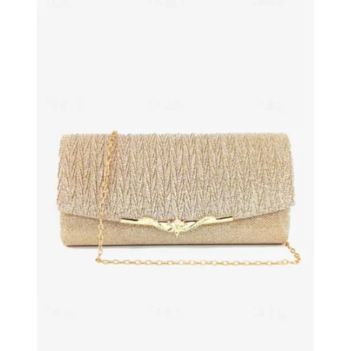 Elegant Gold Glitter Evening Clutch - Women's Party Handbag with Chain Strap and Decorative Metal Accent for Weddings and Formal Events