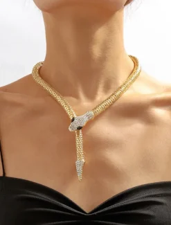 Elegant Gold Snake Necklace for Women – Rhinestone-Encrusted Statement Jewelry with Serpentine Design for Special Occasions and Parties