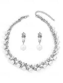 Elegant Pearl and Cubic Zirconia Necklace and Earrings Set with Cubic Zirconia Accents | Perfect for Weddings and Special Occasions