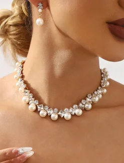 Elegant Pearl and Cubic Zirconia Necklace and Earrings Set with Cubic Zirconia Accents | Perfect for Weddings and Special Occasions