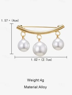 Elegant Pearl Drop Brooch Set with Gold Curved Bar – Triple Pearl Charm Design for Sophisticated and Modern Style