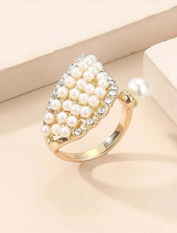 Elegant Pearl Wrap Ring for Women - Adjustable Crystal and Pearl Design, Perfect for Weddings, Engagements, and Formal Occasions