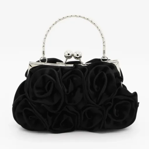 Elegant Red Floral Evening Clutch Bag – Vintage Rose Design with Silver Handle for Weddings, Proms, and Formal Events