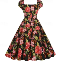 Elegant 1950s Vintage Inspired Knee Length Dress A-Line Dress Tea Dress Flower / Floral A-Line Fancy Dress Women's Christmas Carnival New Year Homecoming Daily Wear Bachelorette Party Adults'