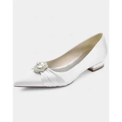 Elegant Satin Blue Wedding Flats for Women with Crystal Accent – Comfortable Low Heel, Pointed Toe Bridal Shoes for Formal Events