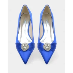 Elegant Satin Blue Wedding Flats for Women with Crystal Accent – Comfortable Low Heel, Pointed Toe Bridal Shoes for Formal Events