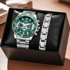 Elegant Silver Quartz Watch with Calendar Male Practical Valentine's Day Gift for Husband Boyfriend Detachable Bracelet Gift Box New Year Christmas Gift