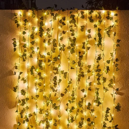 Elegant Wedding Party Reception 2M Solar LED String Lights with Ivy Leaves - Warm White, 8 Modes IP65 Waterproof Outdoor Hanging Lights for Yard, Fence, Wall, Home Decor