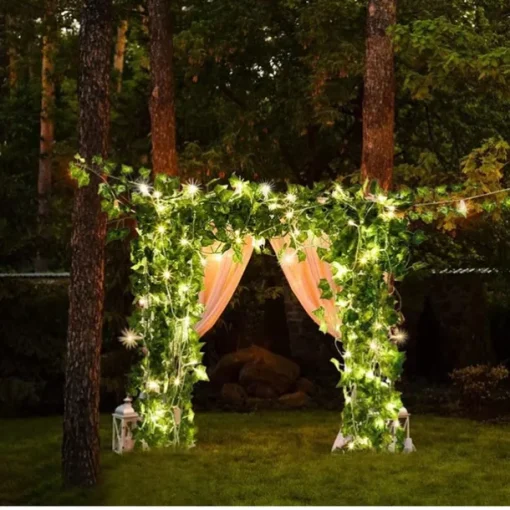 Elegant Wedding Party Reception 2M Solar LED String Lights with Ivy Leaves - Warm White, 8 Modes IP65 Waterproof Outdoor Hanging Lights for Yard, Fence, Wall, Home Decor