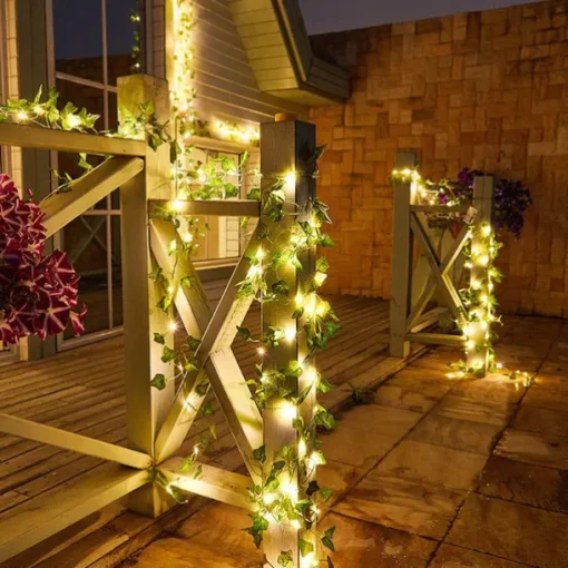 Elegant Wedding Party Reception 2M Solar LED String Lights with Ivy Leaves - Warm White, 8 Modes IP65 Waterproof Outdoor Hanging Lights for Yard, Fence, Wall, Home Decor