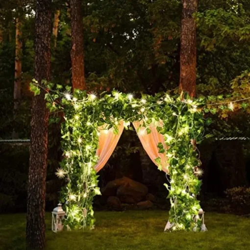 Elegant Wedding Party Reception 2M Solar LED String Lights with Ivy Leaves - Warm White, 8 Modes IP65 Waterproof Outdoor Hanging Lights for Yard, Fence, Wall, Home Decor
