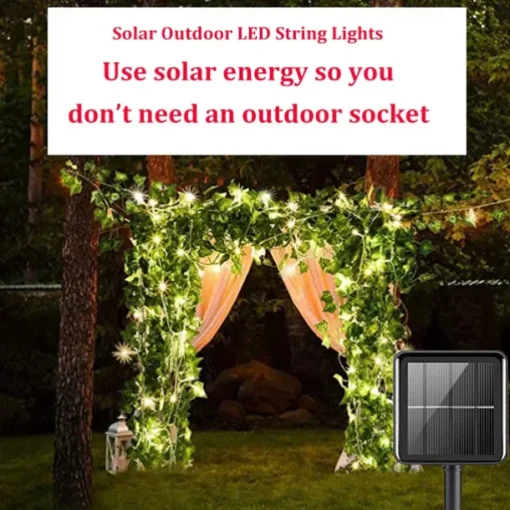 Elegant Wedding Party Reception 2M Solar LED String Lights with Ivy Leaves - Warm White, 8 Modes IP65 Waterproof Outdoor Hanging Lights for Yard, Fence, Wall, Home Decor