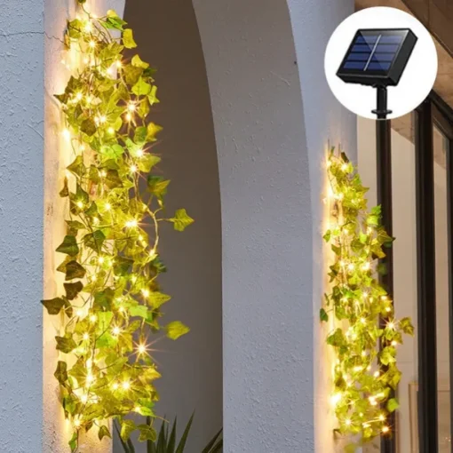 Elegant Wedding Party Reception 2M Solar LED String Lights with Ivy Leaves - Warm White, 8 Modes IP65 Waterproof Outdoor Hanging Lights for Yard, Fence, Wall, Home Decor