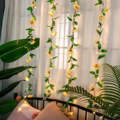 Elegant Wedding Party Reception Rose Flower Ivy Leaf LED Fairy String Lights – 2M 20LEDs Rose Garland Copper Wire Lights for Valentine's, Home Décor