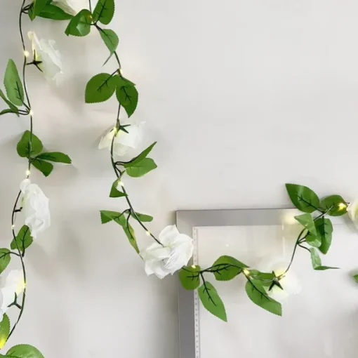 Elegant Wedding Party Reception Rose Flower Ivy Leaf LED Fairy String Lights – 2M 20LEDs Rose Garland Copper Wire Lights for Valentine's, Home Décor