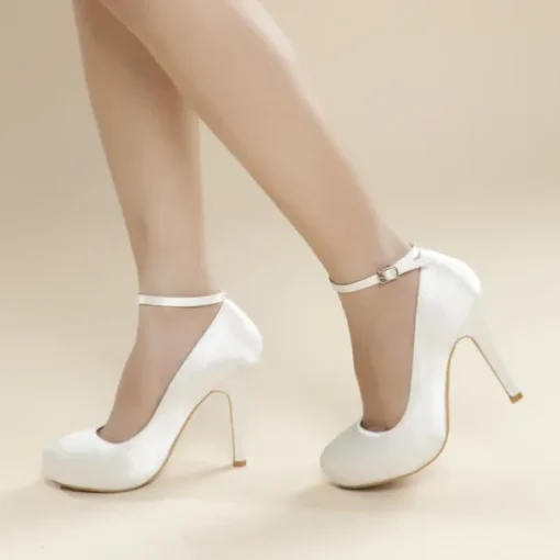 Elegant White Satin Ankle Strap High Heels – Classic Bridal Pumps for Weddings, Formal Events & Evening Parties