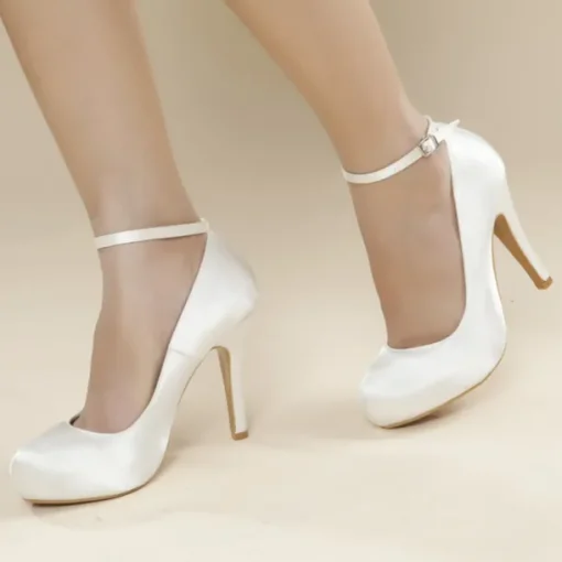 Elegant White Satin Ankle Strap High Heels – Classic Bridal Pumps for Weddings, Formal Events & Evening Parties