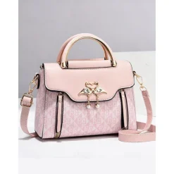 Elegant Women's Beige Crossbody Handbag – Luxury Monogram Design with Heart Pendant & Top Handle