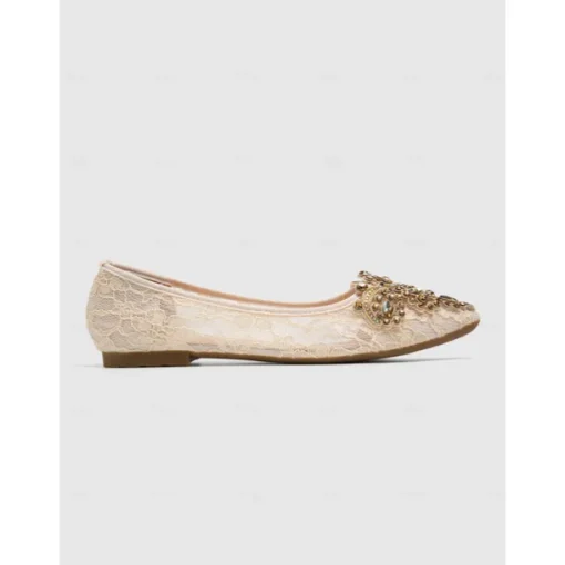 Elegant Women's Beige Lace Ballet Flats with Ornate Rhinestone Embellishments – Perfect for Weddings and Formal Events