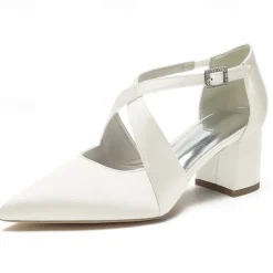 Elegant Women's White Satin Pointed Toe Block Heels – Crisscross Strap Design for Weddings, Formal Parties, and Special Occasions