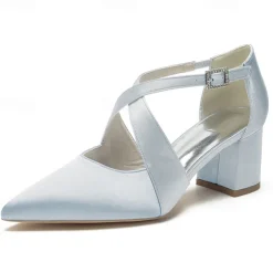 Elegant Women's White Satin Pointed Toe Block Heels – Crisscross Strap Design for Weddings, Formal Parties, and Special Occasions