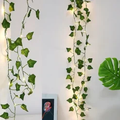 Elegant Wedding Reception Party Artificial Plants LED String Light 2M Creeper Green Leaf Home Wedding Outdoor Ivy Vine Decoration Lamp DIY Hanging Garden Patio Yard (without Battery)