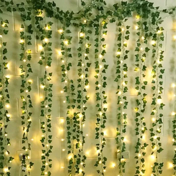 Elegant Wedding Reception Party Artificial Plants LED String Light 2M Creeper Green Leaf Home Wedding Outdoor Ivy Vine Decoration Lamp DIY Hanging Garden Patio Yard (without Battery)