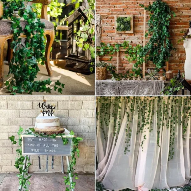 Elegant Wedding Reception Party Artificial Plants LED String Light 2M Creeper Green Leaf Home Wedding Outdoor Ivy Vine Decoration Lamp DIY Hanging Garden Patio Yard (without Battery)
